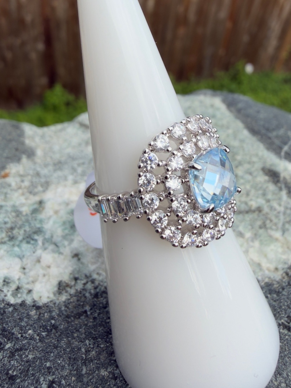 The Celeste Ring Aquamarine Cubic Zirconia Double Halo Statement Ring - Picture 4 of 10